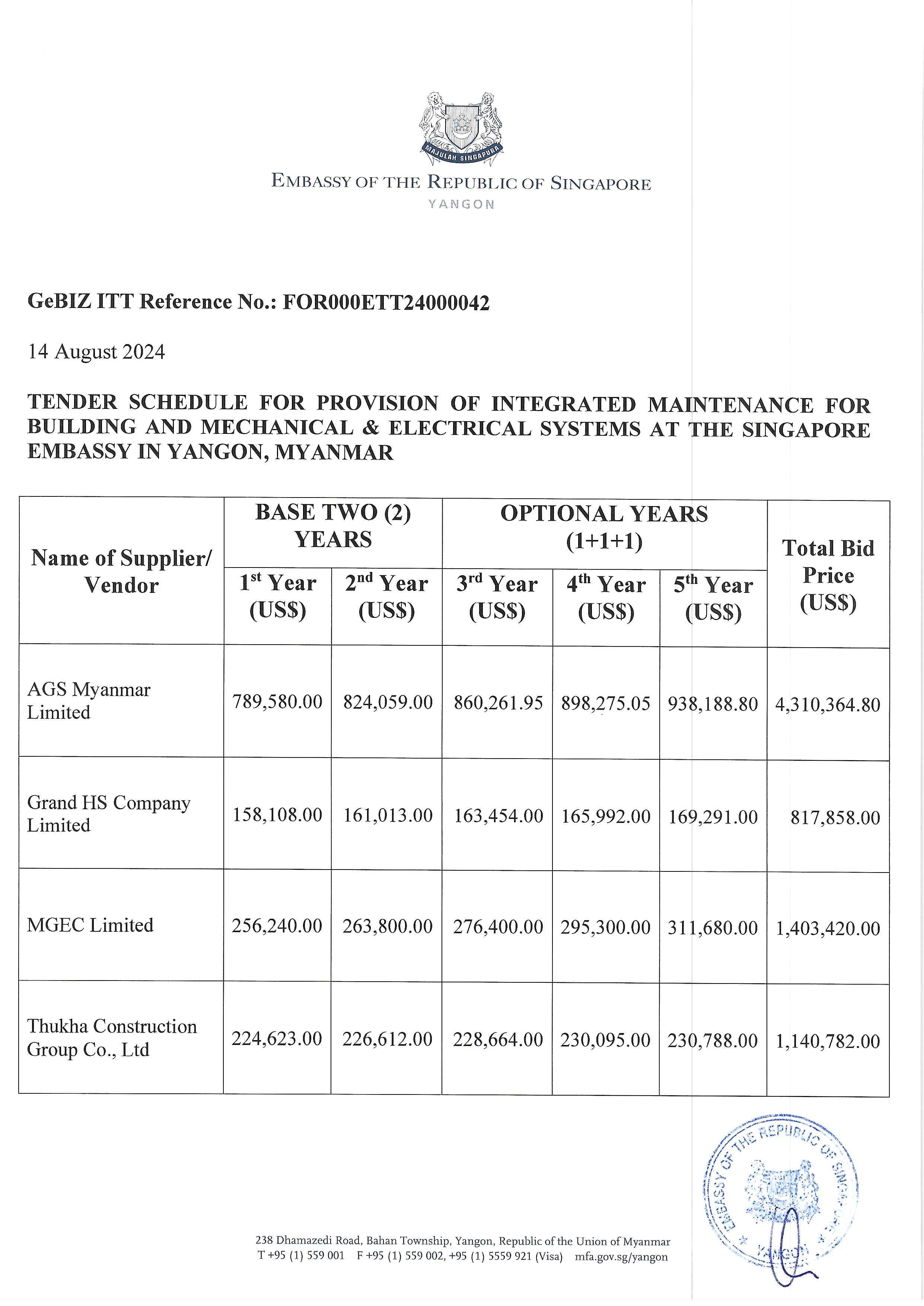 Table: Tender schedule from Embassy of Singapore in Yangon with bid prices by various vendors.